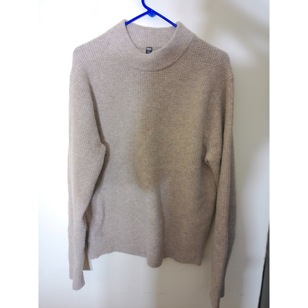Uniqlo Waffle Knit Sweater Womens M Beige Mock Neck Soft Casual Minimalist